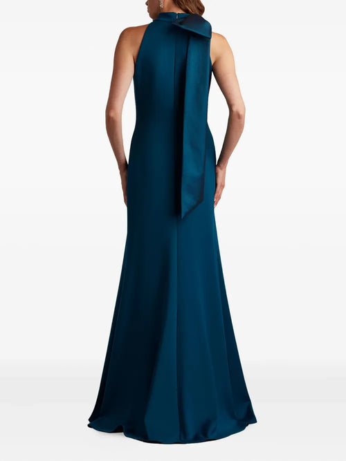 Elegant Sheath Halter Neck Bow Sleeve Zipper Back Floor Length For Women Prom Dress