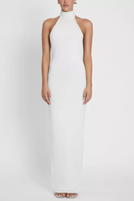 Elegant Sheath Halter Neck Sleeveless Drape Back Floor Length For Ladies Prom Dress