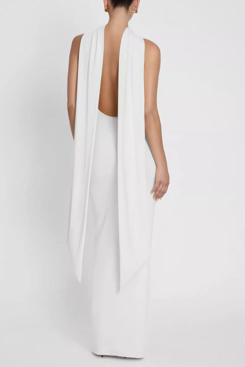 Robe de bal élégante pour femme, coupe fourreau, col licou, dos drapé, sans manches, longueur ras du sol