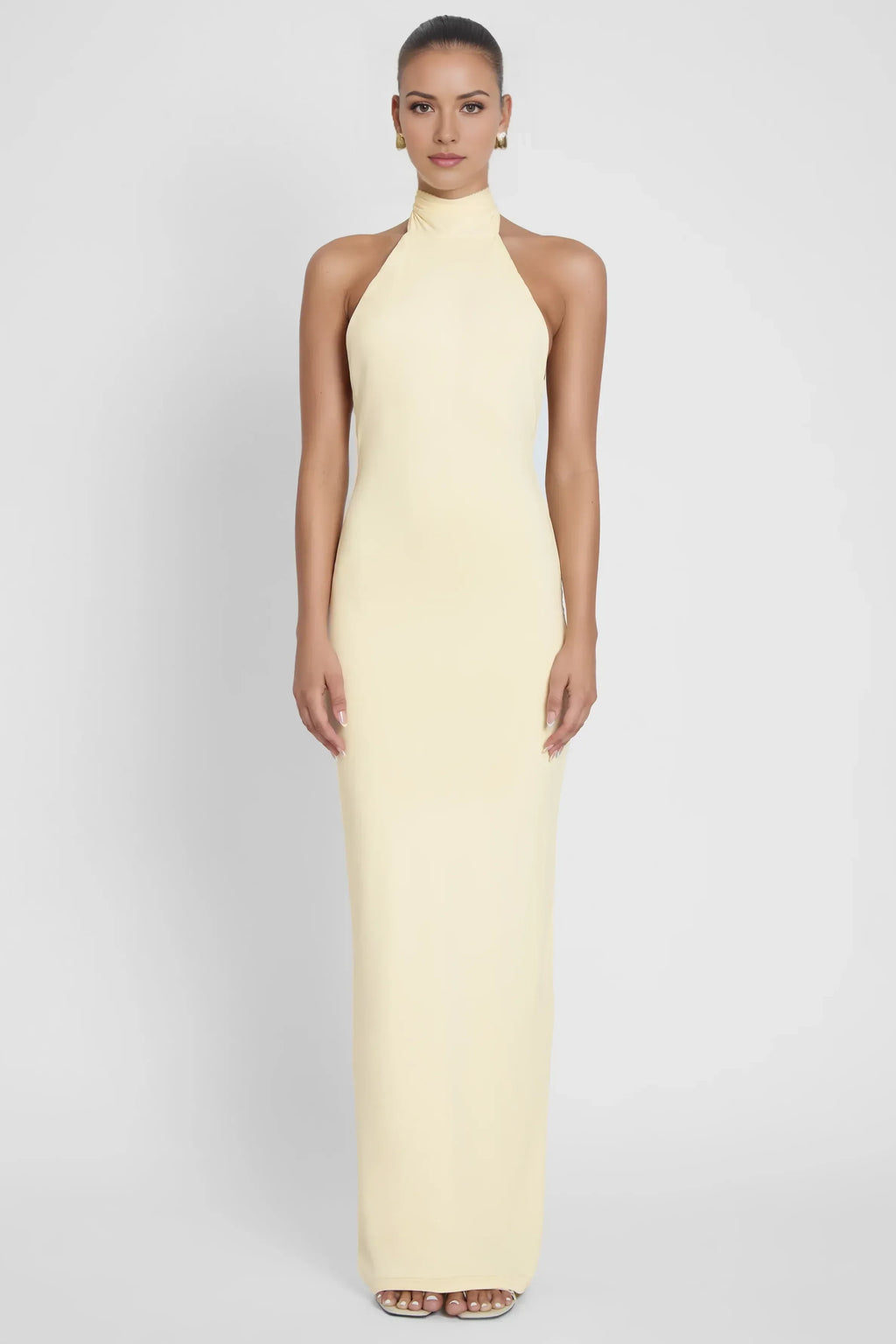 Elegant Sheath Halter Neck Sleeveless Draped Back Floor Length Prom Dress