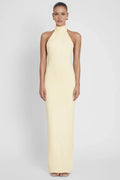 Elegant Sheath Halter Neck Sleeveless Draped Back Floor Length Prom Dress