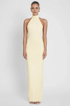 Elegant Sheath Halter Neck Sleeveless Draped Back Floor Length Prom Dress