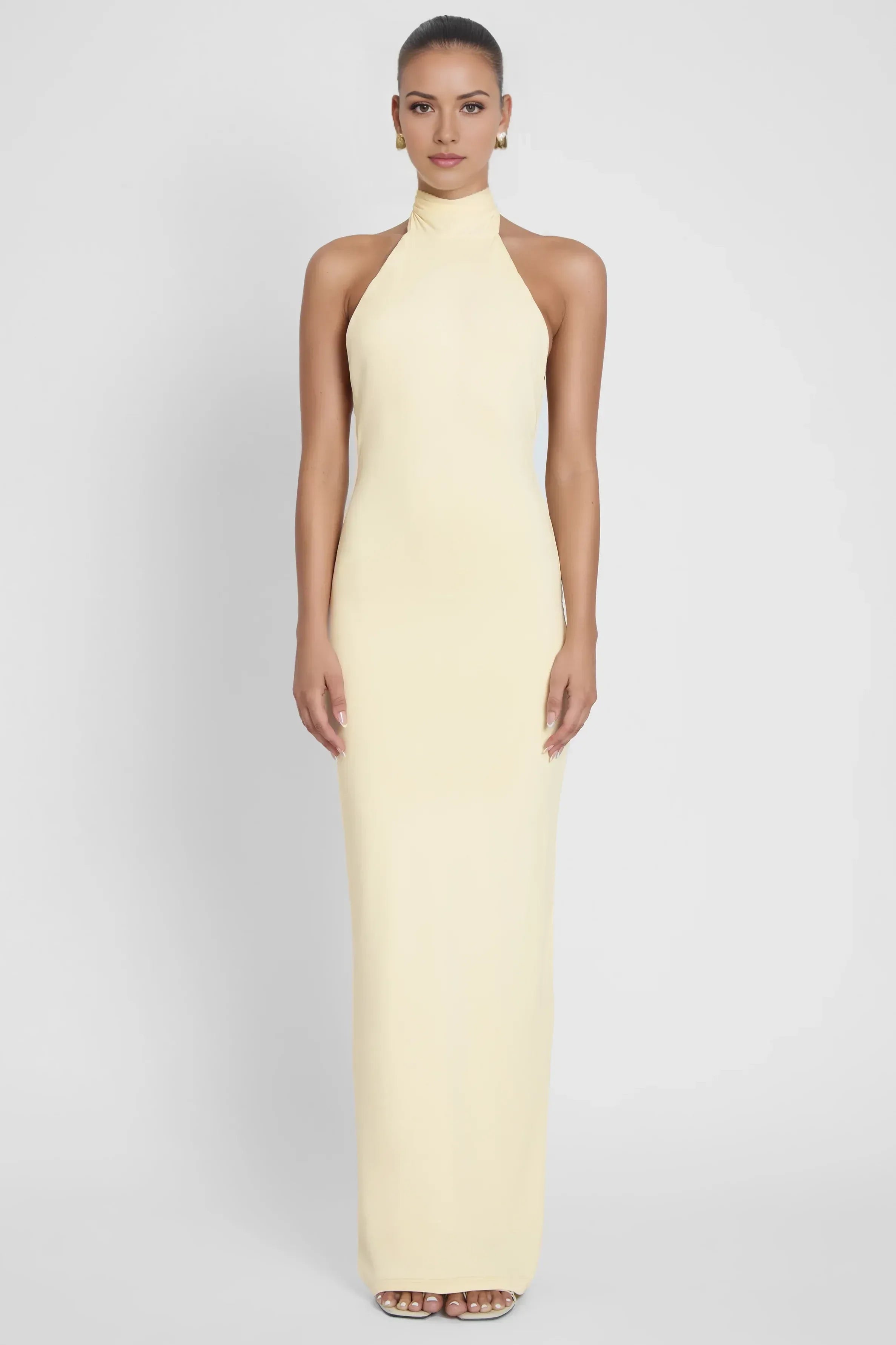 Elegant Sheath Halter Neck Sleeveless Draped Back Floor Length Prom Dress