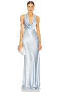 Elegant Sheath Halter Neck Sleeveless Draped Open Back Floor Length Evening Dress