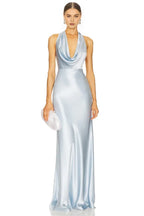 Elegant Sheath Halter Neck Sleeveless Draped Open Back Floor Length Evening Dress