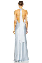 Elegant Sheath Halter Neck Sleeveless Draped Open Back Floor Length Evening Dress