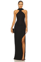 Elegant Sheath Halter Neck Sleeveless Draped Open Back Slit Front Floor Length Evening Dress