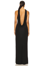 Elegant Sheath Halter Neck Sleeveless Draped Open Back Slit Front Floor Length Evening Dress