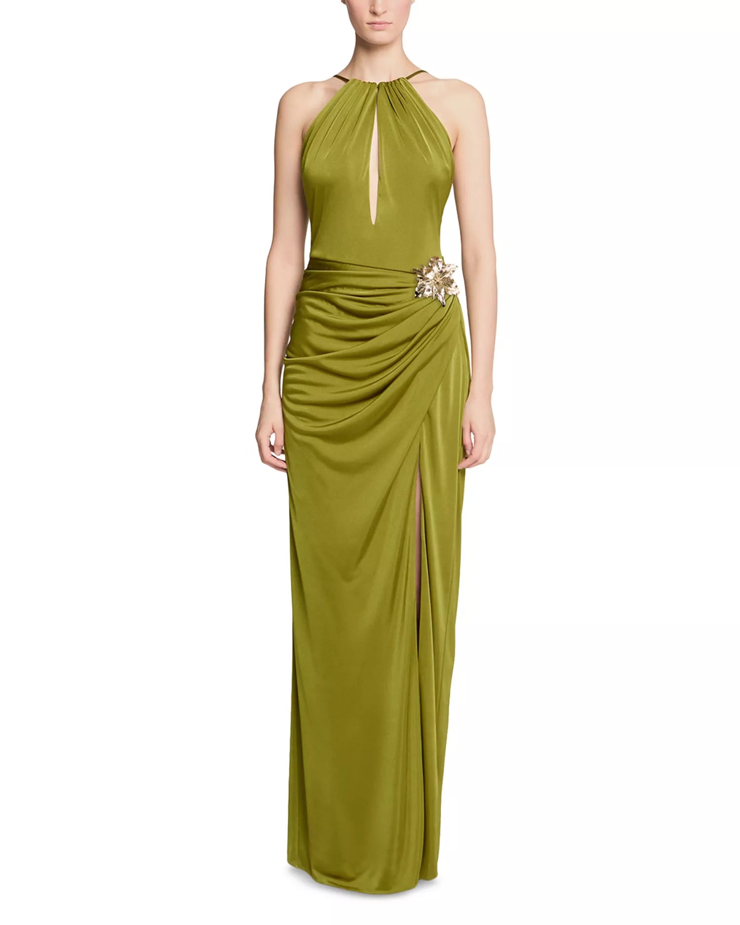 Elegant Sheath Halter Neck Sleeveless Keyhole Front Brooch Detail Floor Length For Sale Prom Dress