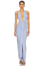 Elegant Sheath Halter Neck Sleeveless Knot Detail Plunging Back Floor Length Evening Dress