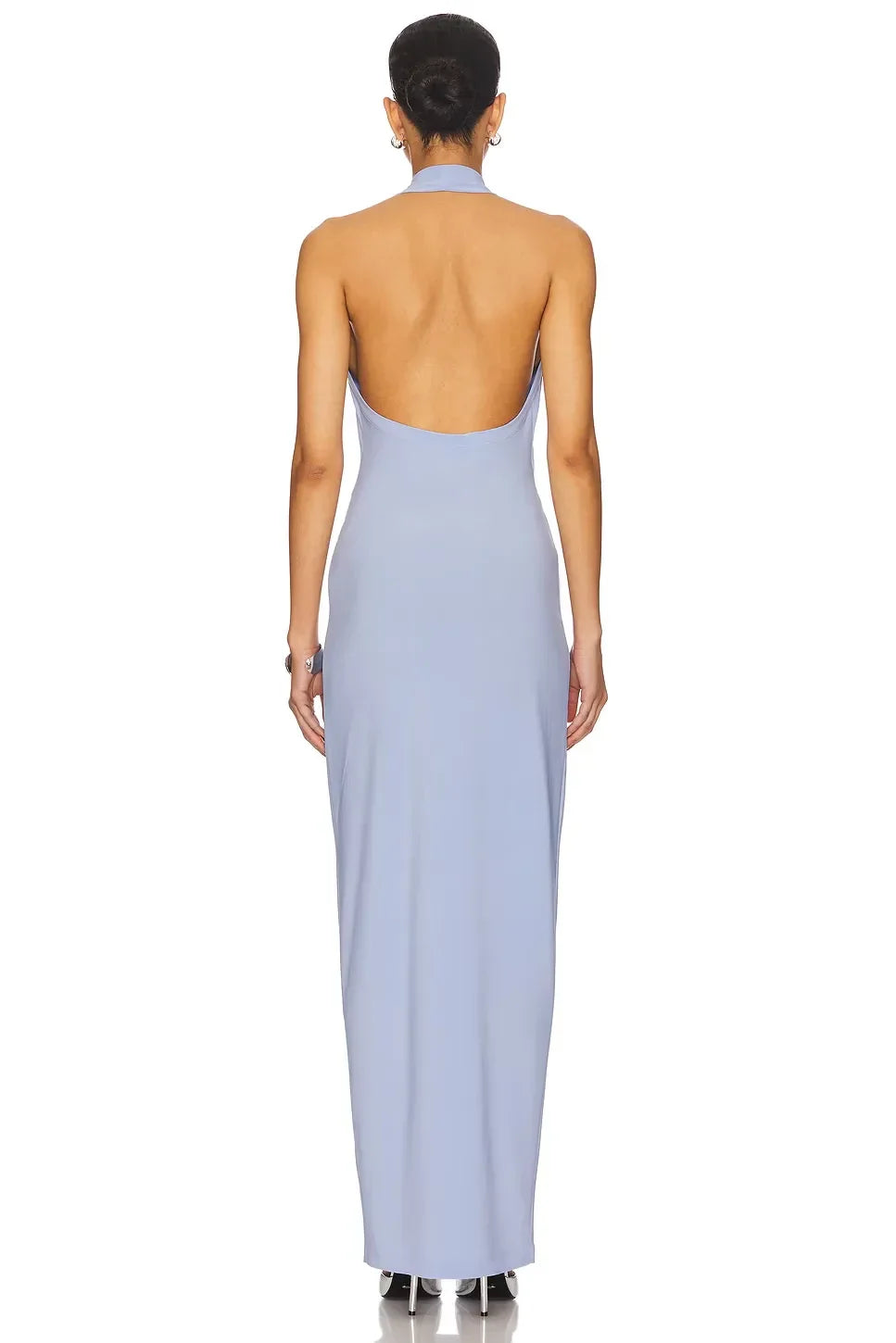 Elegant Sheath Halter Neck Sleeveless Knot Detail Plunging Back Floor Length Evening Dress