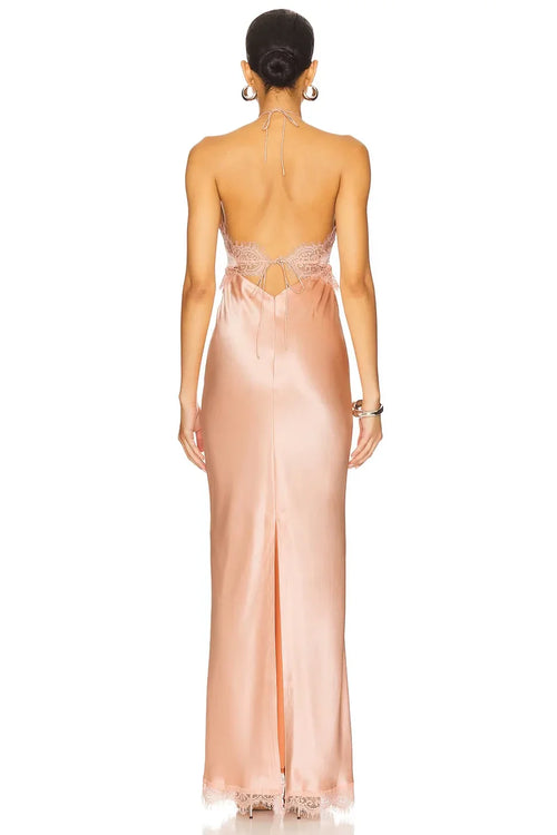 Robe de soirée élégante longue sans manches dos nu coupe fourreau à licou avec dentelle