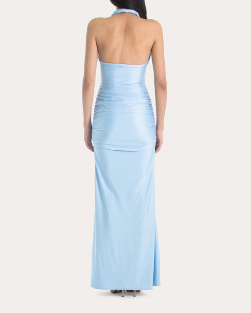 Robe de bal élégante fourreau dos nu licou sans manches froncée longue pour adultes