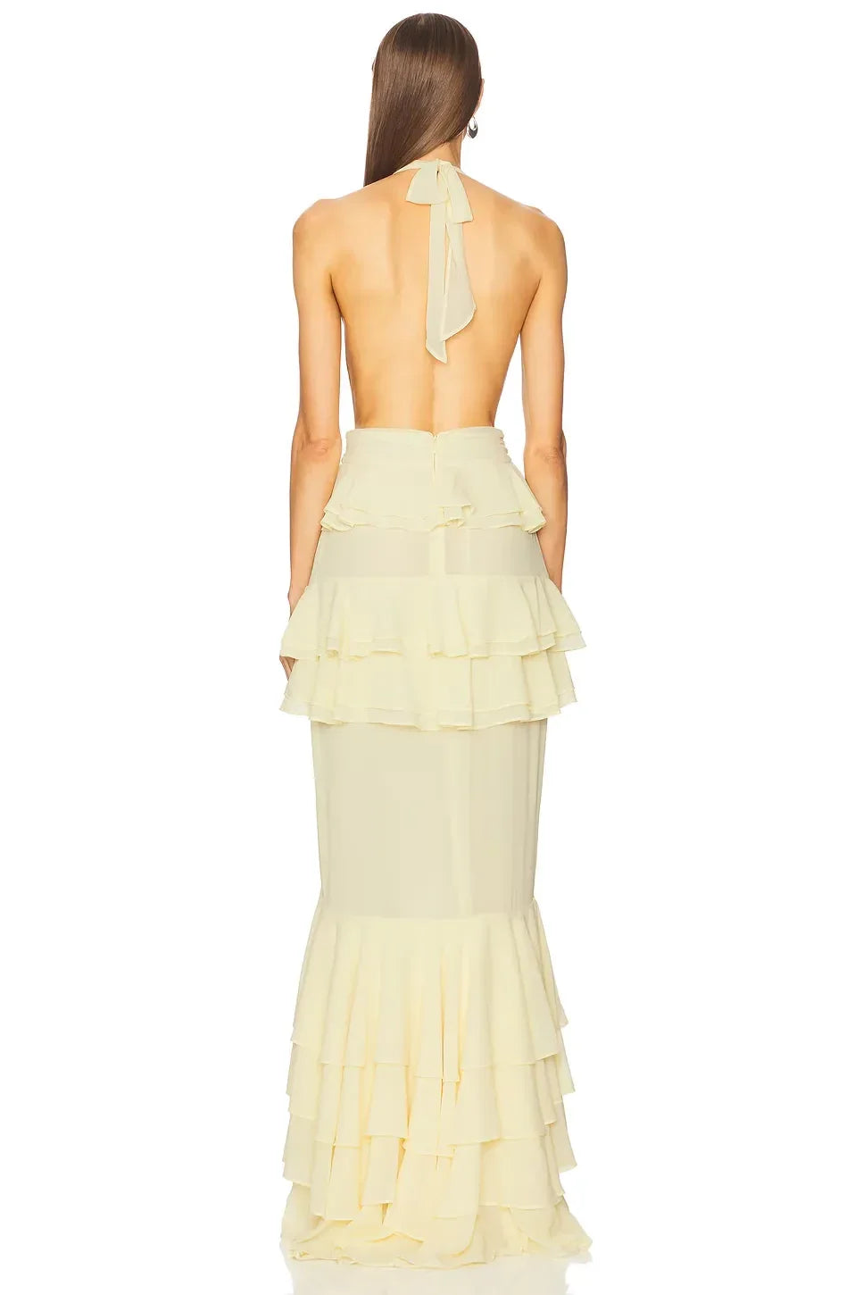 Elegant Sheath Halter Neck Sleeveless Ruffled Back Floor Length Evening Dress