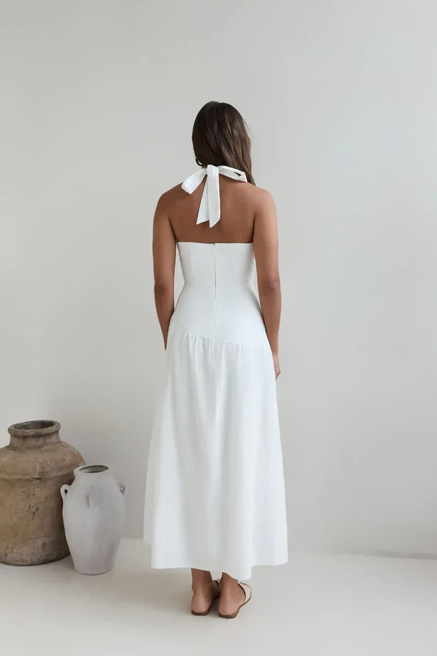 Elegant Sheath Halter Neck Sleeveless Tie Back Floor Length Prom Dress