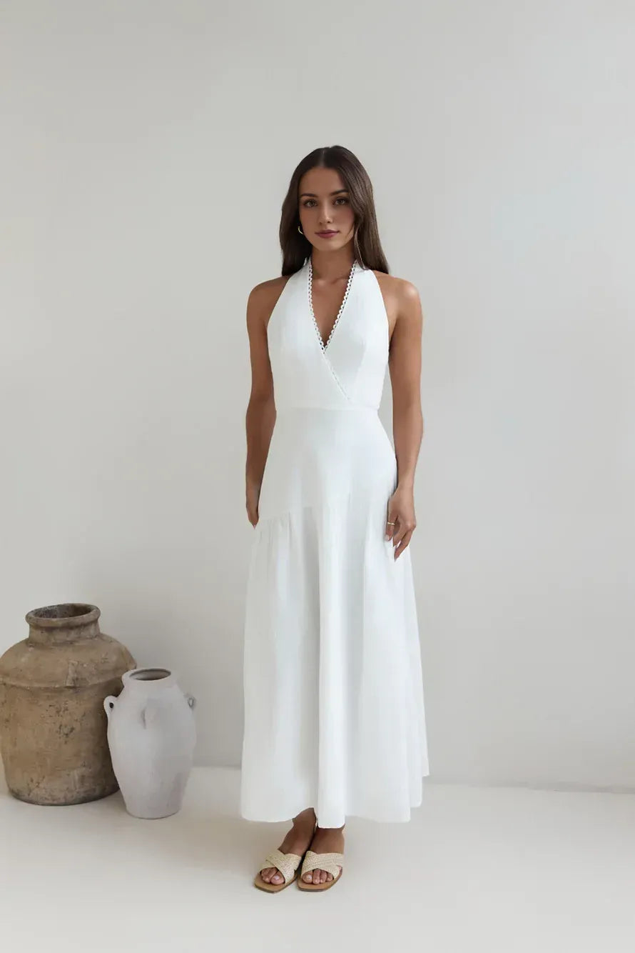 Elegant Sheath Halter Neck Sleeveless Tie Back Floor Length Prom Dress