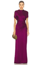 Elegant Sheath High Neck Cutout Sleeve Ruched Back Floor Length Evening Dress