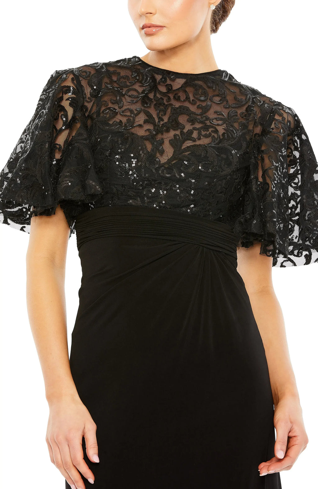 Elegant Sheath High Neck Lace Cape Sleeve Zipper Back Floor Length Evening Dress