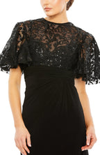 Elegant Sheath High Neck Lace Cape Sleeve Zipper Back Floor Length Evening Dress