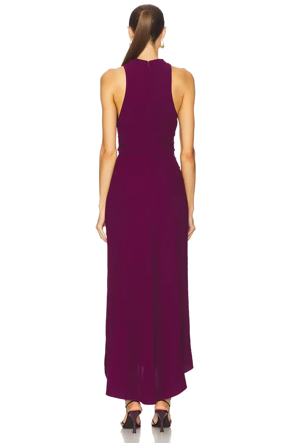 Elegant Sheath High Neck Sleeveless Ruched Detail Slit Front Asymmetric Length Evening Dress