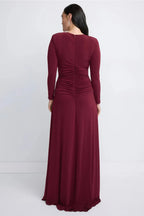 Elegant Sheath Keyhole Neck Long Sleeve Ruched Bodice Floor Length Plus Size Prom Dress