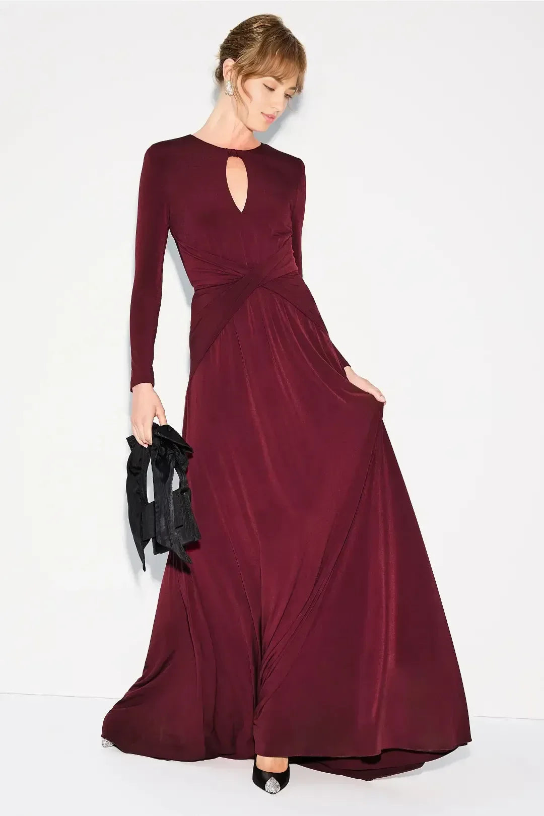 Elegant Sheath Keyhole Neck Long Sleeve Ruched Bodice Floor Length Plus Size Prom Dress
