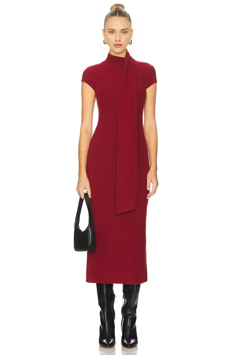 Elegant Sheath Mock Neck Cap Sleeve Scarf Detail Midi Length Evening Dress