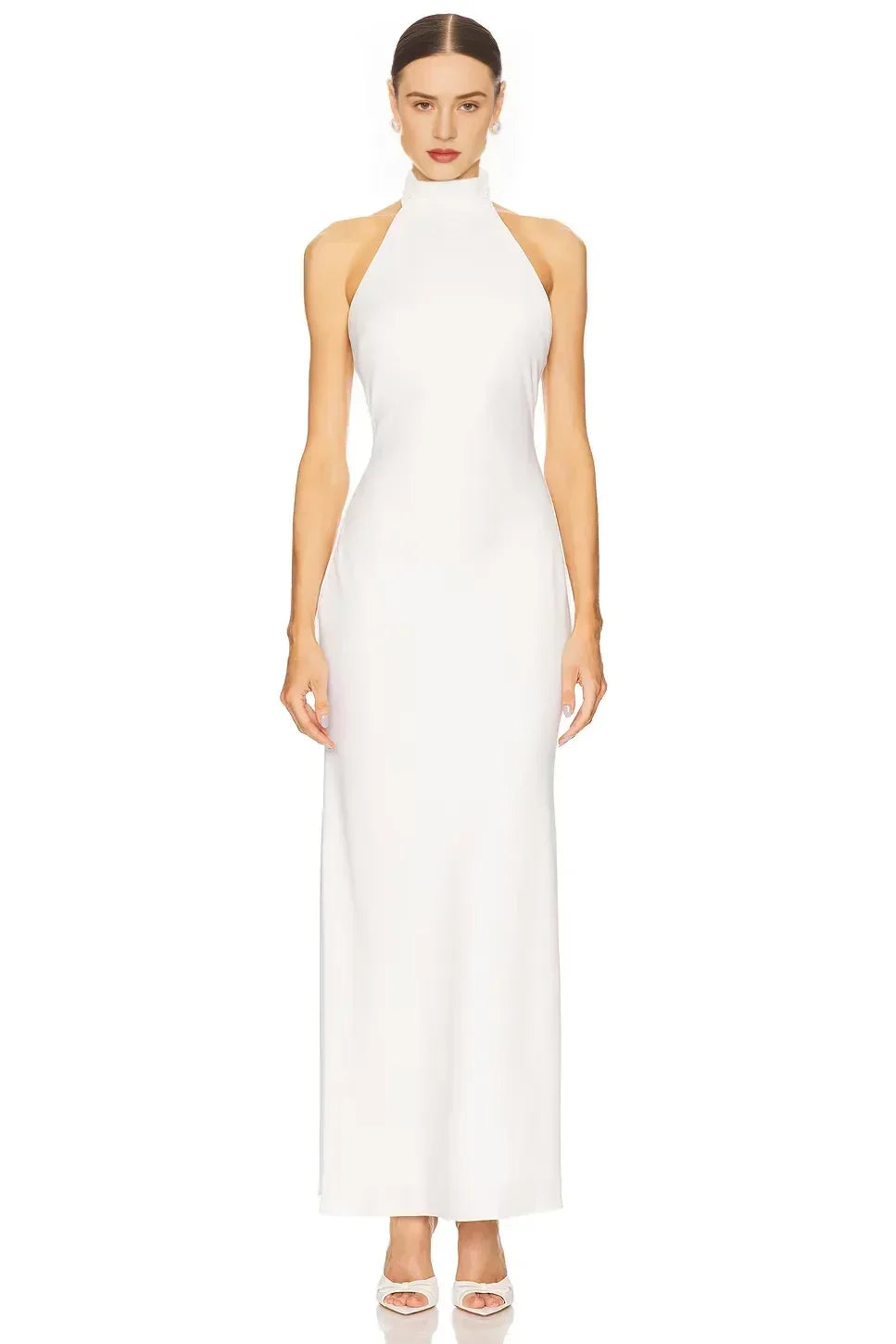 Elegant Sheath Mock Neck Sleeveless Open Back Floor Length Evening Dress