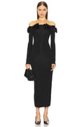 Elegant Sheath Off Shoulder Long Sleeve Bow Detail Midi Length Evening Dress
