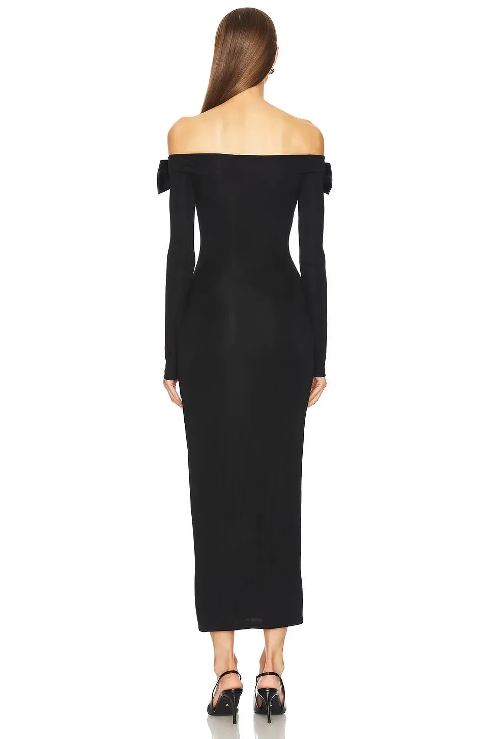 Elegant Sheath Off Shoulder Long Sleeve Bow Detail Midi Length Evening Dress
