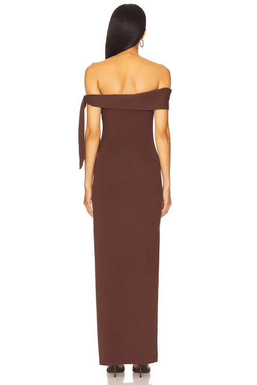 Robe de soirée fourreau élégante, épaules dénudées, sans manches, dos noué, longueur ras du sol