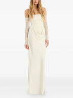 Elegant Sheath Off-The-Shoulder Sheer Sleeve Slit Back Floor Length Prom Dress