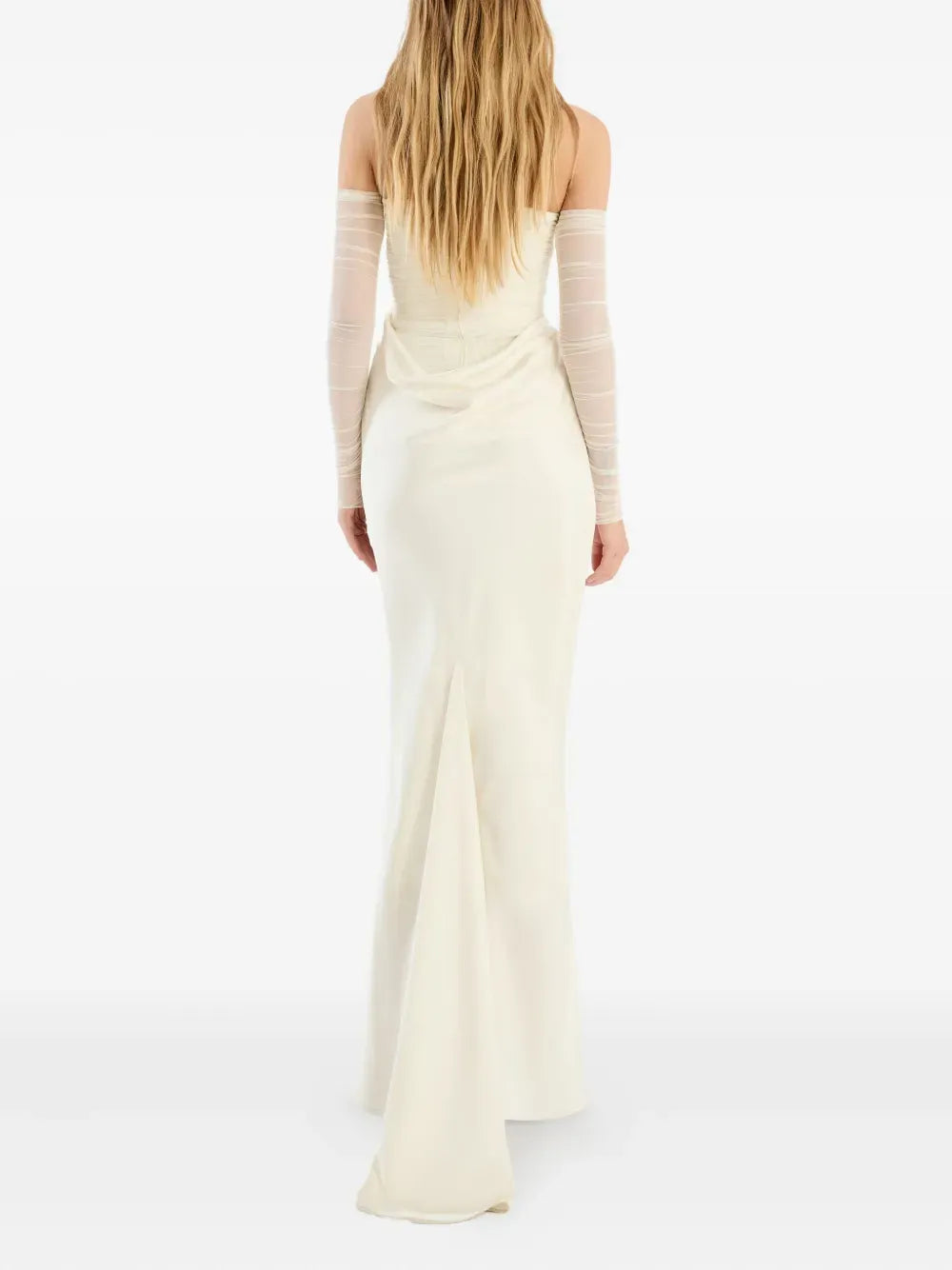 Elegant Sheath Off-The-Shoulder Sheer Sleeve Slit Back Floor Length Prom Dress