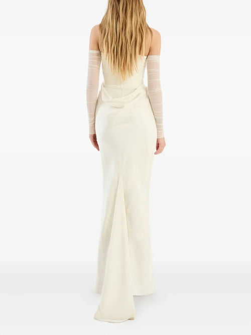 Elegant Sheath Off-The-Shoulder Sheer Sleeve Slit Back Floor Length Prom Dress