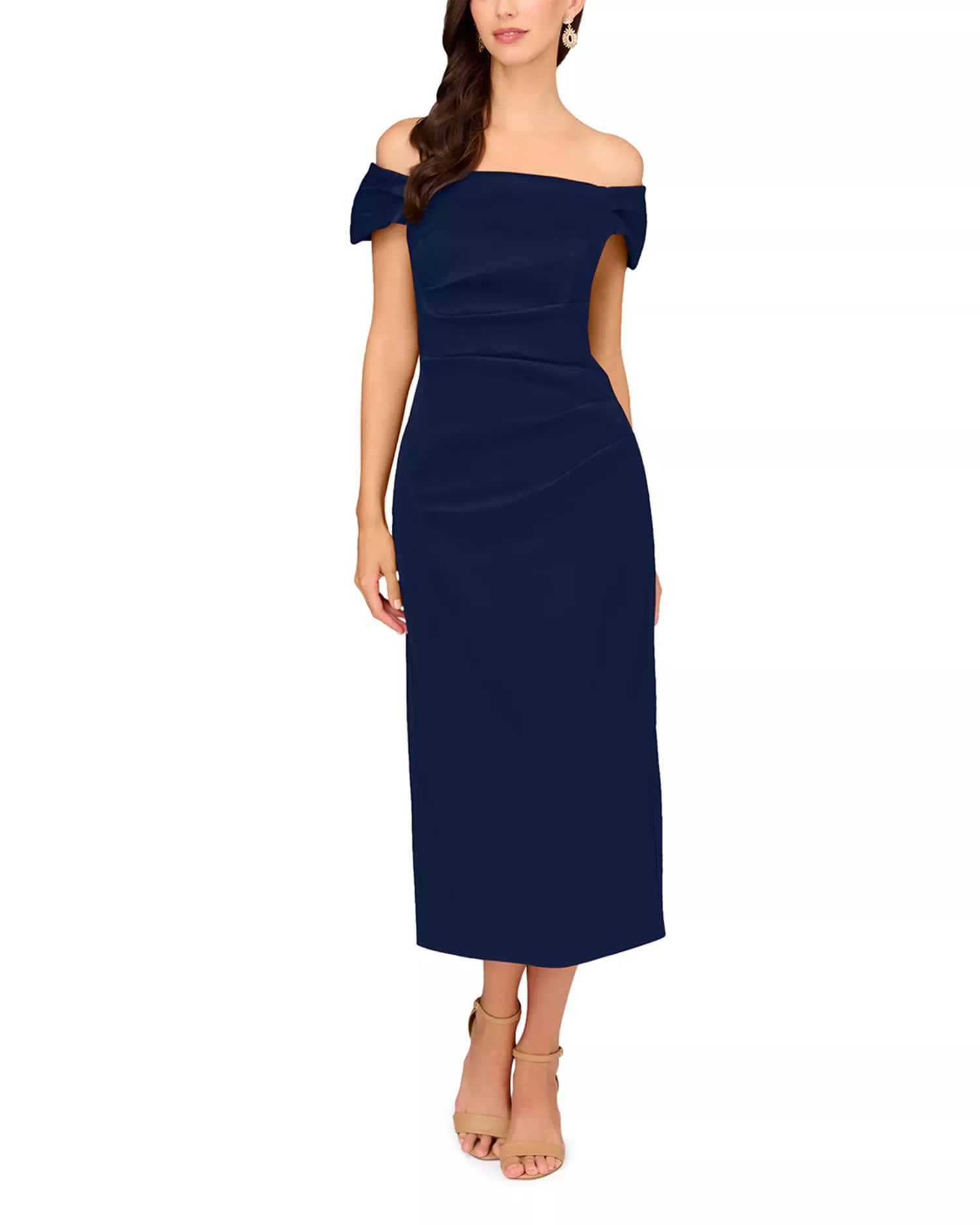 Elegant Sheath Off the Shoulder Short Sleeve Slit Hem Midi Length Hot Sale Prom Dress