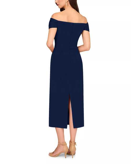 Elegant Sheath Off the Shoulder Short Sleeve Slit Hem Midi Length Hot Sale Prom Dress