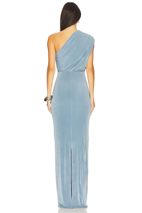 Élégante robe de soirée fourreau asymétrique à col drapé sans manches et dos nu, longueur ras du sol