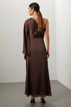 Elegant Sheath One Shoulder Draped Sleeve Floor Length Plus Size Prom Dress