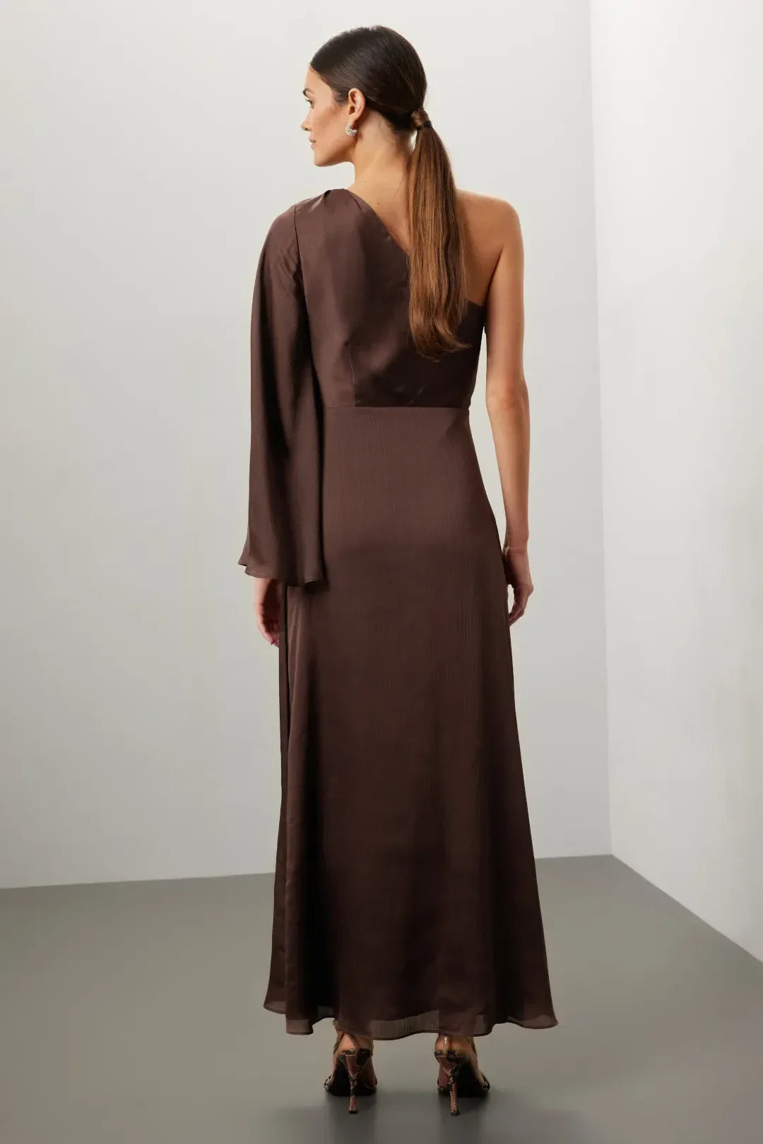 Elegant Sheath One Shoulder Draped Sleeve Floor Length Plus Size Prom Dress