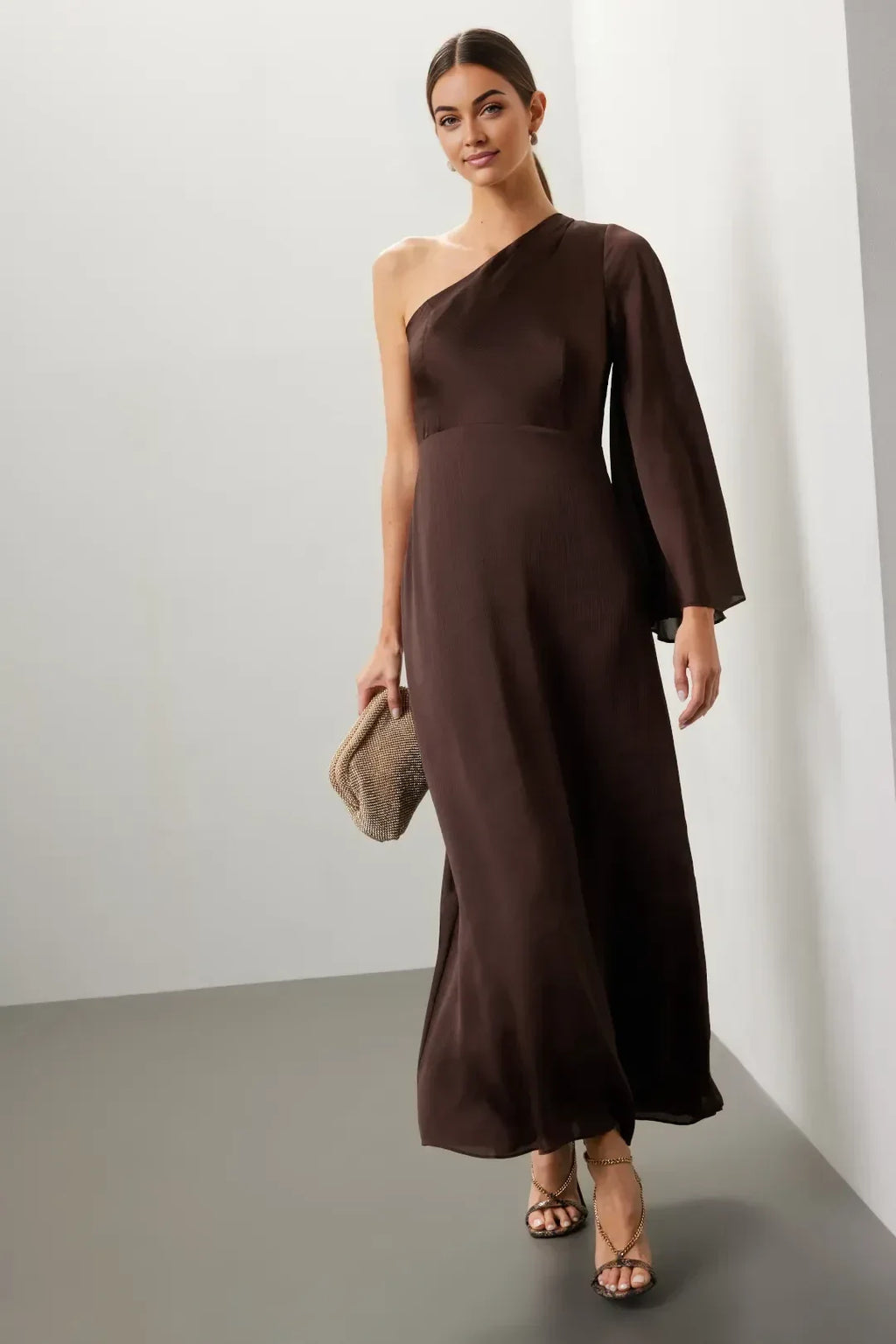 Elegant Sheath One Shoulder Draped Sleeve Floor Length Plus Size Prom Dress