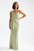 Elegant Sheath One shoulder Knot detail Open back Floor length Prom Dress