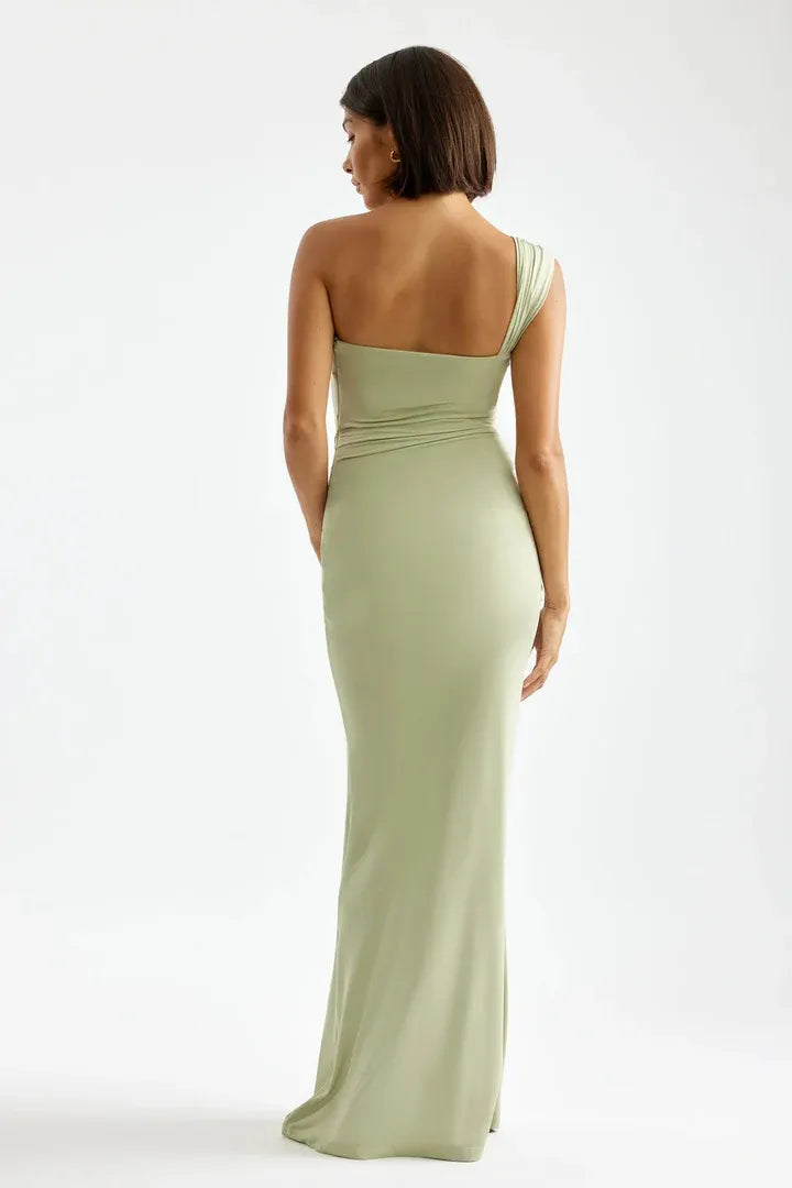 Elegant Sheath One shoulder Knot detail Open back Floor length Prom Dress