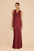 Elegant Sheath Satin Cowl Neck Sleeveless Tie Back Floor Length Bridesmaid Dress