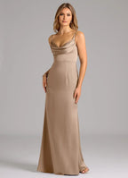 Elegant Sheath Satin Cowl Neck Spaghetti Strap Open Back Floor Length Bridesmaid Dress