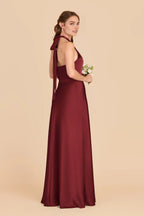 Elegant Sheath Satin Halter Neck Sleeveless Bow Back Floor Length Bridesmaid Dress