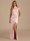 Elegant Sheath Satin Halter Neck Sleeveless Open Back Floor Length Bridesmaid Dress