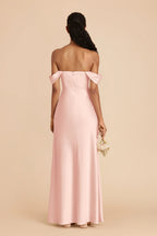 Elegant Sheath Satin Off Shoulder Flutter Sleeve Open Back Floor Length Bridesmaid Dress