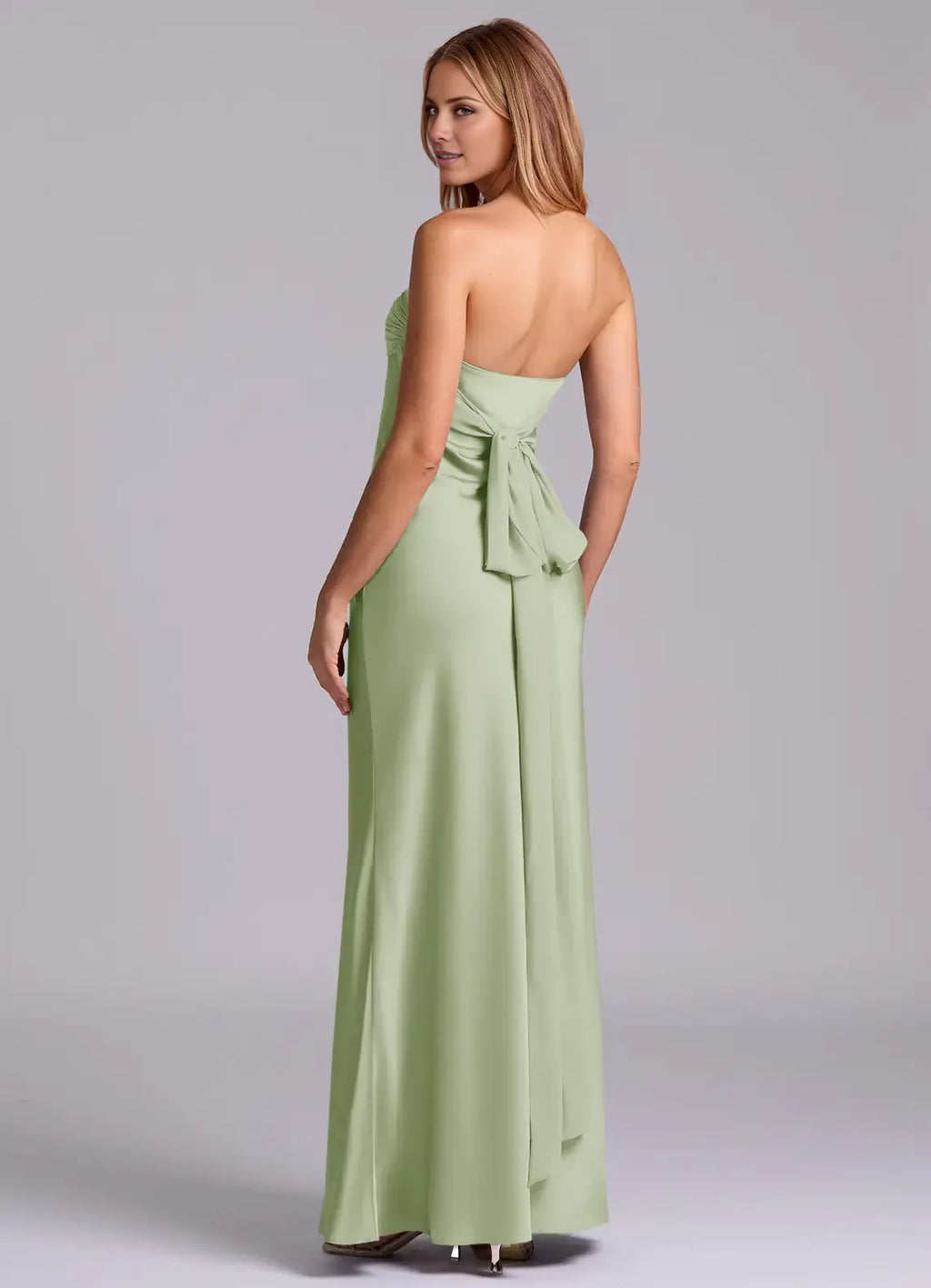 Elegant Sheath Satin Strapless Sleeveless Bow Back Floor Length Bridesmaid Dress