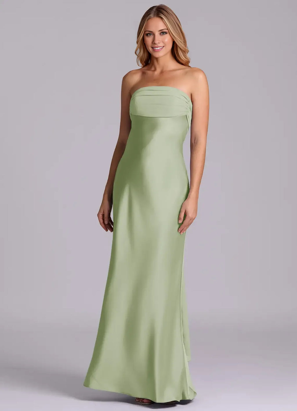 Elegant Sheath Satin Strapless Sleeveless Bow Back Floor Length Bridesmaid Dress