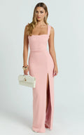 Elegant Sheath Square Neck Sleeveless High Slit Floor Length Plus Size Evening Dress